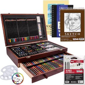 U.S. Art Supply 82-Piece Deluxe Artist Studio Creativity Set Wood Box Case - Art Painting, Sketching Drawing Set, 24 Watercolor Paint Colors, 24 Oil Pastels, 24 Colored Pencils, 2 Brushes, Starter Kit