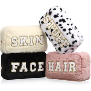Paterr 4 Pieces Chenille Letter Preppy Makeup Bag Plush Fuzzy Makeup Bag Cosmetic Bag Hair Skin Face Stuff Bag Pouch with Zipper for Women Girls Travel Toiletry Storage Organization