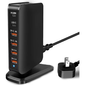 𝟐𝟎𝟐𝟒 𝗡𝗲𝘄 Multi USB Charger Block Tower with PD 20W RISWOJOR, 60W Flat Plug 6-Port USB Charging Station with Auto Detect Safety，USB Multiport Charger Hub for Smartphone Tablets Multiple Devices