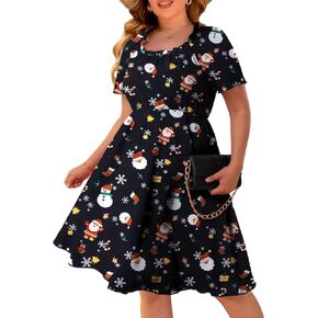 FOLUNSI Women's Plus Size Short Sleeve Pleated Casual Shirt Dress with Pockets