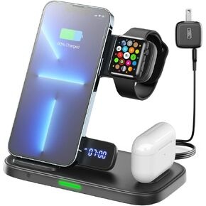 INIU 3 in 1 Wireless Charging Station, 15W Fast Qi-Certified Phone Wireless Charger Stand Dock for Apple Watch Series 8 7 6 5 4 3 SE Ultra, iPhone 15 14 13 12 Pro Max Mini, Airpods Pro (with Adapter)