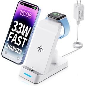 Charging Station for Multiple Devices Apple - 3 in 1 33W Fast Charger Station for iPhone 14/13/12/11, Apple Watch and AirPods (33W USB-C Charger Included)