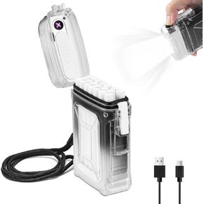 Electric Lighter, Waterproof Case with USB Rechargeable Lighter, LED Flashlight, Windproof Plasma Lighter, Flameless Dual Arc Lighters for EDC Camping Hiking Survival, Tactical Gear for Men