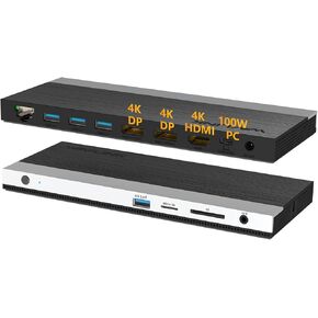 WAVLINK USB C Laptop Docking Station 4K Triple Display with 100W PC Charging, Multi Monitor Adapter for Dell XPS 13/15,Lenovo Yoga,etc (2xDP & HDMI, 4X USB 3.0 Ports,SD TF Card Reader, LAN, Audio)