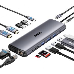 SSK USB C Laptop Docking Station Dual Monitor,14 in 1 USB C Hub Multiport Adapter with 2 HDMI,VGA,RJ45 Ethernet,5 USBA,1 USB C 3.1 Data Port, SD/TF,PD3.0, for Thunderbolt MacBook Pro Lenovo Dell HP