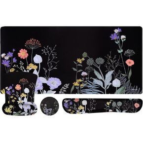 MOSISO Keyboard Mouse Pad Set, Large Gaming Mouse Pad&Keyboard Wrist Rest&Mouse Wrist Rest&Coaster, Ergonomic Non-Slip Floral Mousepad with Raised Memory Foam for Home Office, Dainty Flower