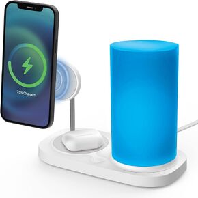 iHome Magnetic Power Station, 5W Wireless Charging Pad, 7.5W Magnetic Wireless Charger with Color Changing LED Lamp for iPhone 12/13, Compatible with MagSafe Cases