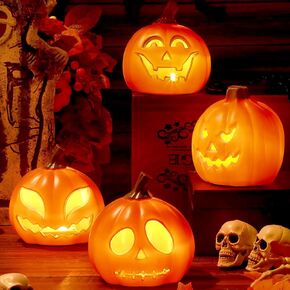 Pinkunn 4 Pcs Light up Mini Jack O Lantern Halloween Pumpkin Lantern 5.25 Inch Pumpkins for Decorating Pumpkin Props with Colorful LED Lights for Desk Table Decor Garden Indoor Outdoor Decorations