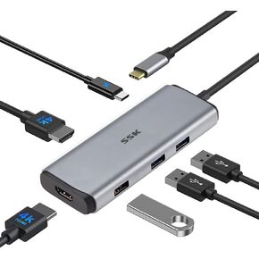 SSK Laptop Docking Station Dual Monitor, 6 in 1 USB C Hub Multiport Adapter with 2 HDMI 4K, 100W PD Powered, 3 USB Ports, Universal USB C Dock Compatible for MacBook/Dell/Hp/Lenovo/Surface
