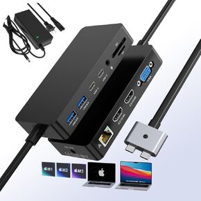 12-in-2 Docking Station MacBook Pro Triple Display Dual HDMI+VGA with 100W Power Adapter, 4K@60Hz Mac Dock for MacBook Pro Air M1/M2/M3 Pro with 2*HDMI VGA Ethernet SD/TF Audio 4*USB 96W PD US