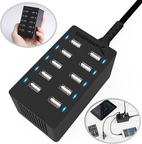 SABRENT 60 Watt (12 Amp) 10 Port [UL Certified] Family Sized Desktop USB Rapid Charger. Smart USB Ports with Auto Detect Technology [Black] (AX-TPCS) in Saudi Arabia