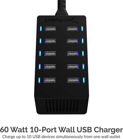 SABRENT 60 Watt (12 Amp) 10 Port [UL Certified] Family Sized Desktop USB Rapid Charger. Smart USB Ports with Auto Detect Technology [Black] (AX-TPCS) in Saudi Arabia