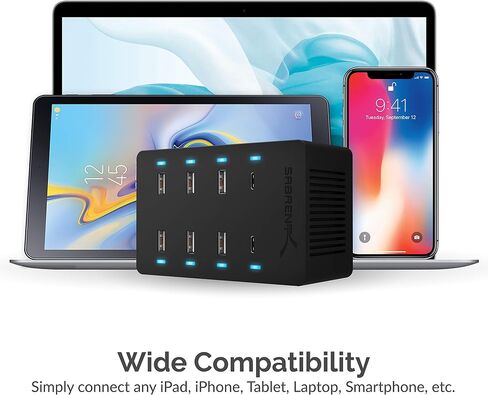 SABRENT 60 Watt (12 Amp) 10 Port [UL Certified] Family Sized Desktop USB Rapid Charger. Smart USB Ports with Auto Detect Technology [Black] (AX-TPCS) in Saudi Arabia