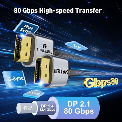 كابل DisplayPort 2.1، كابل DP 2.1 6FT [16K@60هرتز، 8K@120هرتز، 4K@240هرتز، 2K@240هرتز] يدعم 80 جيجابت في الثانية HDR، HDCP DSC 1.2a، منفذ عرض متوافق مع DP1.4/1.2 FreeSync G-Sync للكمبيوتر/التلفزيون /شاشة in Saudi Arabia