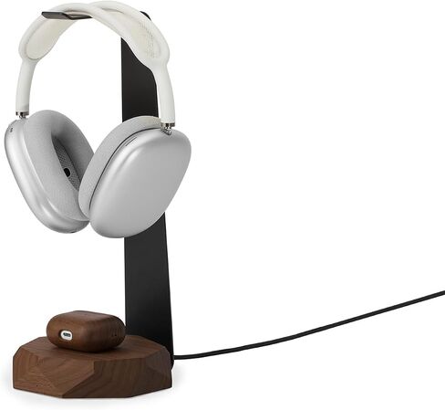 Oakywood 2-in-1 Wooden Headphone Stand with Wireless Charging - Wood Headphone Holder – Stainless-Steel Base – Handcrafted Headphones Stand for Desk - Qi-Compatible Wireless Charging – Walnut in Saudi Arabia