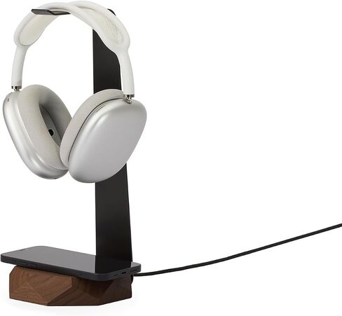 Oakywood 2-in-1 Wooden Headphone Stand with Wireless Charging - Wood Headphone Holder – Stainless-Steel Base – Handcrafted Headphones Stand for Desk - Qi-Compatible Wireless Charging – Walnut in Saudi Arabia