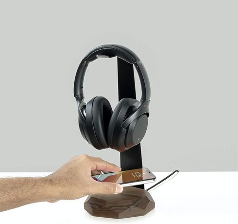 Oakywood 2-in-1 Wooden Headphone Stand with Wireless Charging - Wood Headphone Holder – Stainless-Steel Base – Handcrafted Headphones Stand for Desk - Qi-Compatible Wireless Charging – Walnut in Saudi Arabia