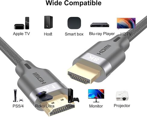 كابل HDMI 8K بطول 6 أقدام و5 حزم، كابل HDMI 2.1 عالي السرعة 6FT مضفر 48 جيجابت في الثانية، شاشة كمبيوتر 8K كابل تلفزيون HDMI CL3 مُصنف (8K@60 هرتز، 4K@165 هرتز، 1080P@240 هرتز، eARC، HDR، ثلاثي الأبعاد) للتلفزيون عالي الدقة، PS4/ 5 وأكثر in Kuwait