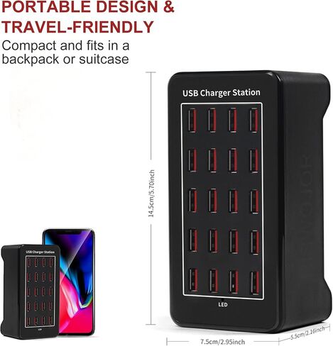 20 Port 100W(20A) Multiport USB Charging Station for Multiple Devices, RISWOJOR Multi Port USB Charger Station with IC Detection for Smartphones,Tablets and More，Suitable for School, Mall, Hotel, Shop in Saudi Arabia