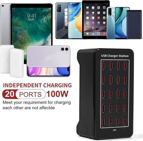 20 Port 100W(20A) Multiport USB Charging Station for Multiple Devices, RISWOJOR Multi Port USB Charger Station with IC Detection for Smartphones,Tablets and More，Suitable for School, Mall, Hotel, Shop in Saudi Arabia