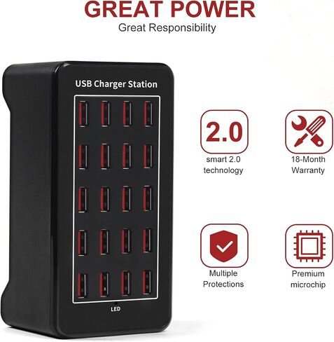 20 Port 100W(20A) Multiport USB Charging Station for Multiple Devices, RISWOJOR Multi Port USB Charger Station with IC Detection for Smartphones,Tablets and More，Suitable for School, Mall, Hotel, Shop in Saudi Arabia