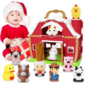 Big Red Barn Toy Farm Animal Finger Puppets for 1-3 Years Old, Pretend Farm Playset with Barn & Farmer, Preschool Montessori Learning Toys, Christmas Birthday Gift for Toddlers Boys Girls