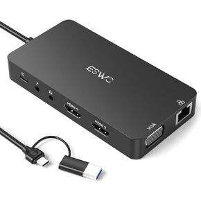 USB 3.0 Docking Station, JESWO 11-in-1 USB Laptop Docking Station for Dual Monitors, with Power Adapter (Dual HDMI and VGA, Gigabit Ethernet, Audio and More USB Ports)