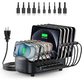 ORICO 120W Charging Station for Multiple Devices, 10-Ports USB Charging Docking Organizer with Cables, Multi USB Charging Station Compatible with iPad, Tablet, Kindle, Airpods and Cell Phone