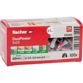 fischer DuoPower 5/16" x 1-5/8" S, Powerful Universal Plug with Safety Screw, Intelligent 2-Component Technology for fastenings in Concrete, Bricks, Gypsum plasterboard, etc, 50 Plugs & 50 Screws