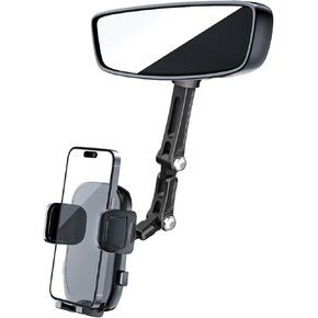 Rear View Mirror Phone Holder for Car, Aluminum Alloy Rearview Mirror Cell Phone Holder Car Mount with Metal Body, Rotatable and Retractable Adjustable Rearview Car Phone Cradle Stand Fit Smartphone