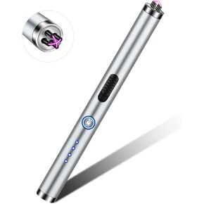 Lighter, Candle Lighter, Electric Lighter, Rechargeable Arc Lighter with LED Display Safety Switch Flameless Plasma Windproof Candle Cooking BBQ - Silver