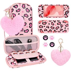 DLseego Love Leopard Carrying Case for Switch Lite 2019 Accessories Set, Portable Carrying Case with 1 Hard PC Case & 8 Slots & 1PCS Plush Heart Pendant & 4PCS Cat Paw Thumb Grips Caps- Pink