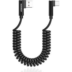 aceyoon [1-2.5ft] USB to USB C Cable, Type C Fast Charging Cable QC 3.0, Coiled Retractable 90 Degree Right Angled, Short Android Auto USB C Charging Cable, (3A 60W)