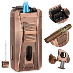 Cigar Lighter with Double Jet Flame, Refillable Cigar Torch Lighter with Cigar Holder, V-Cigar Cutter, Cigar Draw Enhancer, Cigar Butane Lighter for Cigar Lovers, Butane not Include