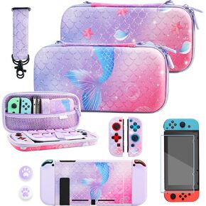 RHOTALL Purple and Pink fish Hard Carrying for Nintendo Switch, Cute Protective Portable Travel Storage Case for Switch Accessories, Screen Protector, Adjustable Shoulder Strap and 2 Thumb Caps