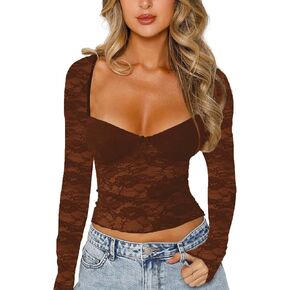 Women Lace Long Sleeve Shirt Top Y2K Slim Fit Crop Top Sexy Lace Low Cut Top Tee Club Streetwear