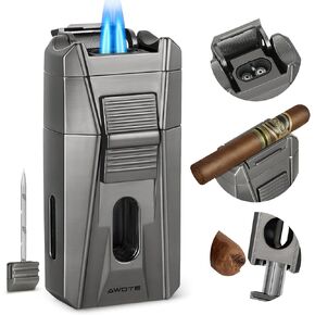 Cigar Lighter with Double Jet Flame, Refillable Cigar Torch Lighter with Cigar Holder, V-Cigar Cutter, Cigar Draw Enhancer, Cigar Butane Lighter for Cigar Lovers, Butane not Include