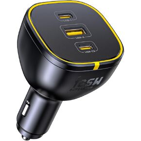 AOHI 165W Laptop Car Charger Adapter 140W PD 3.1/ 100W PD 3.0 USB C Super Fast Charging PPS 45W 3-Ports QC5.0 Cigarette Lighter Charger for MacBook Pro, iPhone 16/15, Galaxy S24 Ultra, iPad, Black