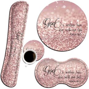 Ergonomic Mouse Pad with Wrist Support Set and Keyboard Wrist Rest Set for Laptop, Gaming and Office, Comfortable and Pain Relief + Coaster ，Psalm 46：5 God is Within Her, She Will Not Fall