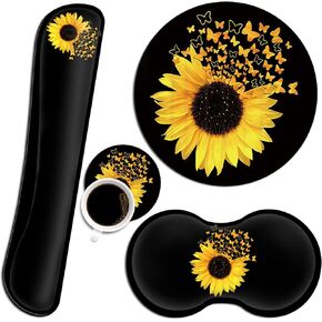 Ergonomic Mouse Pad with Wrist Support Set and Keyboard Wrist Rest Set for Laptop, Mac, Gaming and Office, Durable, Comfortable and Pain Relief + Coaster ，Sunflowers and Butterflies in Bloom