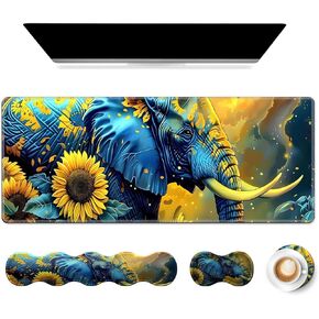 4 in 1 Large Gaming Mousepad, Coaster, Memory Foam Ergonomic Keyboard Mouse Wrist Rest, Non-Slip Rubber Base Stitched Edges Office Desk Mat Protector for Computer, Home Office, Scottish Highland Cow