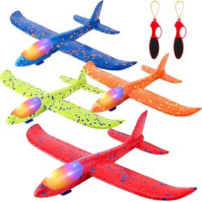 SpringFlower 4 Pack Airplane Toys for 3 4 5 6 7 8 Years Old Boys, 4 Throwing Foam Plane Toy, 2 Flight Modes LED Foam Glider Plane, Outdoor Flying Toy Birthday Gifts for for Boys & Girls