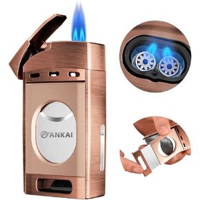 Cigar Lighter with Cutter,FANKAI Torch Lighter Double Jet Flame Refillable Butane Lighter 2 in 1 Windproof Lighters for Smoking with Gift Box (Butane Not Included)