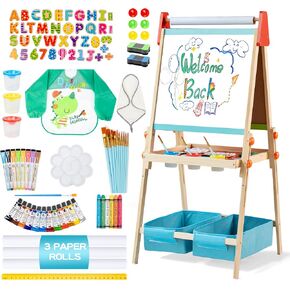 Bpmfkid 3 in 1 Adjustable Kids Art Drawing Easel Set-Sided Magnetic Whiteboard & Chalkboard with Painting Paper Roll - Versatile Art Station Gift for Toddlers, Kids and Childrens Ages 3+