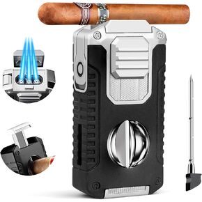 Cigar Lighter with Cigar Cutter, All-in-1 Torch Lighter,Refillable Butane Lighter Windproof Jet Flame Lighter Cigar Holder Cigar Punch Cigar Draw Enhancer V Cut, Great Cigar Accessories for Men.