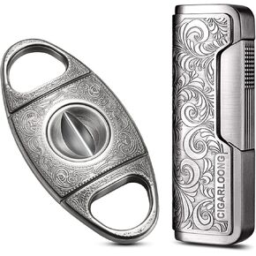 Cigar Cutter and Lighter Set Sharpening Blade V Cut and Retro Carved Lighter(Silver1)