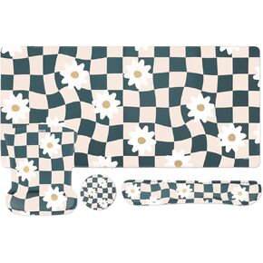 MOSISO Desk Mat Keyboard Mouse Pad Set, Large Gaming Mousepad&Keyboard Wrist Rest&Mousepad with Wrist Rest&Coaster, Wavy Checkered&Daisy Ergonomic Home Office Non-Slip Pad with Memory Foam, Blue