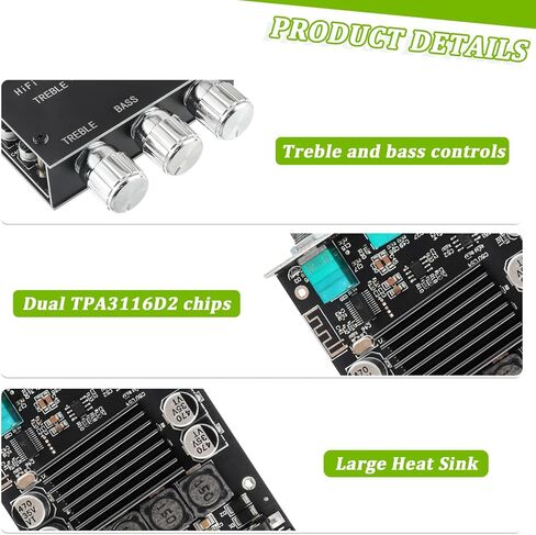 100W+100W Bluetooth Amplifier Board with Treble and Bass Control TPA3116D2 Chips DC 9-24V BT and AUX Inputs 2.0 Channel Stereo AMP Board for DIY Wireless Speakers Password Free(ZK-1002T) in Kuwait