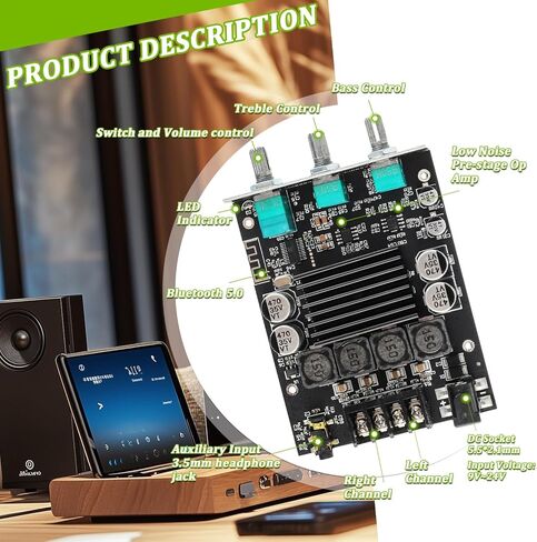 100W+100W Bluetooth Amplifier Board with Treble and Bass Control TPA3116D2 Chips DC 9-24V BT and AUX Inputs 2.0 Channel Stereo AMP Board for DIY Wireless Speakers Password Free(ZK-1002T) in Kuwait