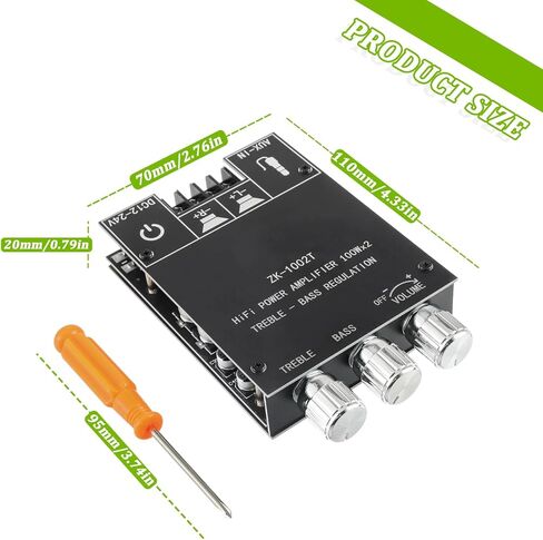 100W+100W Bluetooth Amplifier Board with Treble and Bass Control TPA3116D2 Chips DC 9-24V BT and AUX Inputs 2.0 Channel Stereo AMP Board for DIY Wireless Speakers Password Free(ZK-1002T) in Kuwait